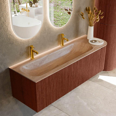 MONDIAZ KURVE-DLUX 145cm badmeubel ronding Rechts kleur Ruby met 1 lade en 1 deur. Wastafel BIG LARGE Links 2 kraangaten Saba.