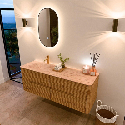 Mondiaz CIRO-DLUX Meuble de salle de bains - 140x45x50cm - Plan vasque Solid surface Saba - 1 lavabo à gauche - 1 trou de robinetterie - 4 tiroirs - Chêne
