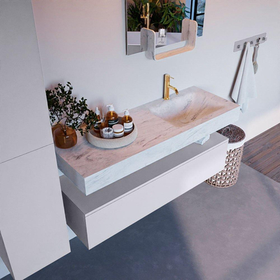 Mondiaz ALAN-DLUX Ensemble de meuble - 130cm - meuble Cale mat - 1 tiroir - Lavabo Cloud Opalo suspendu - vasque Droite - 1 trou de robinet