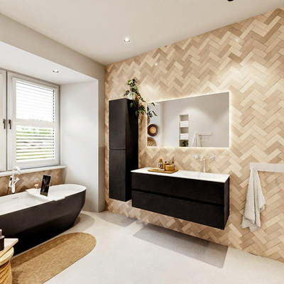 MONDIAZ VICA 120cm meuble de salle de bains caisson bas Urban 2 tiroirs. Lavabo MOON à droite 1 trou de robinet, couleur Talc.