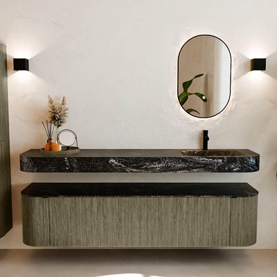 MONDIAZ THOR-DLUX 190cm meuble de salle de bains arrondi gauche + droite couleur Shadow avec 2 tiroirs et 2 portes. Vasque suspendue CLOUD Droite 1 trou de robinet couleur Lava.