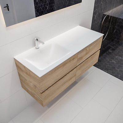 ENSEMBLE DE MEUBLE MONDIAZ VICA - 120cm - 4 tiroirs - lavabo Cloud gauche - 1 trou de robinet - solid surface chêne blanchi