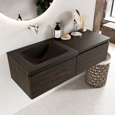 MONDIAZ BUKLA 120cm badmeubel met module 60 kleur Dark Brown met 2 lades. Wastafel CLOUD links 0 kraangaten kleur Urban.