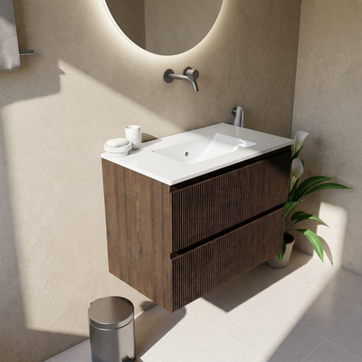 Saniclass Holz Atelier Ensemble de meubles de salle de bains - 80x45x62cm - Vygo lavabo en céramique blanc - 1 vasque - sans trou de robinet - 2 tiroirs - chêne charcoal mat (bois)