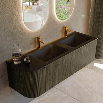 Mondiaz KURVE Ensemble de meuble salle de bain - 145x46x40cm - 1 tiroir - 1 porte - lavabo en solid surface - double / droite - 2 trous de robinet - Shadow