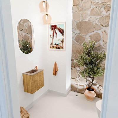 Mondiaz JOYA-DLUX 40cm toiletmeubel - kleur Oak - Wastafel FAYE positie Links 1 kraangat kleur Arena.