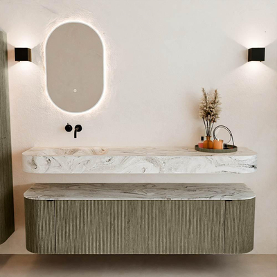 MONDIAZ THOR-DLUX 170cm meuble de salle de bains arrondi gauche + droite couleur Shadow avec 1 tiroir et 2 portes. Vasque suspendue CLOUD gauche sans trou de robinet couleur Glace.