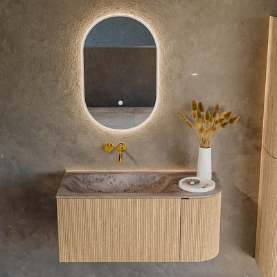 MONDIAZ KURVE-DLUX Meuble de salle de bains 95cm arrondi à droite couleur Chêne avec 1 tiroir et 1 porte. Plan-vasque BIG SMALL à gauche sans trou de robinet Oza.