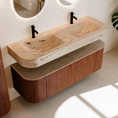 MONDIAZ THOR-DLUX 140cm meuble de salle de bains arrondi gauche + droite couleur Ruby avec 1 tiroir et 2 portes. Vasque suspendue CLOUD Double 2 trous de robinet couleur Arena.