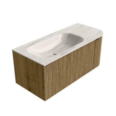MONDIAZ KURVE-DLUX Meuble de salle de bains 105cm arrondi Droite couleur Dusk avec 1 tiroir et 1 porte. Lavabo BIG SMALL Gauche 1 trou de robinet Meli.