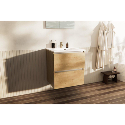 Nemo Go Ensemble de meuble - 60x65x45.5cm - 2 tiroirs - sans poignée - 1 vasque Blanc brillant - 1 trous de robinet - avec miroir - MDF Riverside Oak