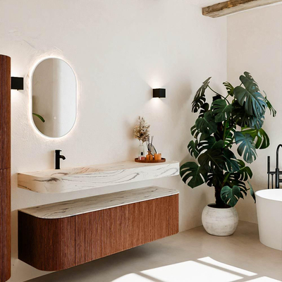 MONDIAZ THOR-DLUX 160cm meuble de salle de bains arrondi gauche + droite couleur Ruby avec 1 tiroir et 2 portes. Vasque suspendue CLOUD gauche 1 trou de robinet couleur Nata.