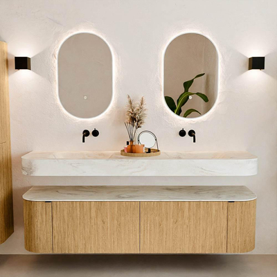 MONDIAZ THOR-DLUX 180cm meuble de salle de bains arrondi gauche + droite couleur Chêne avec 2 tiroirs et 2 portes. Vasque suspendue CLOUD Double sans trou de robinet couleur Ostra.