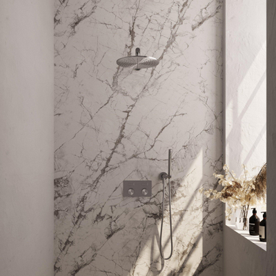 BRAUER Brushed Carving Douche de tête thermostatique encastrée - boutons-poussoirs - SET 50 - douche de tête 30cm - bras de douche mural droit - douchette barre - flexible de douche - coude de raccordement mural - inox brossé PVD