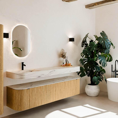 MONDIAZ THOR-DLUX Meuble de salle de bains 190cm arrondi gauche + droite couleur Oak avec 2 tiroirs et 2 portes. Vasque suspendue CLOUD Gauche 1 trou de robinet couleur Nata.