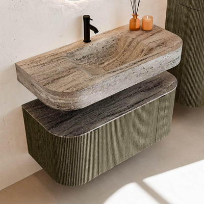 MONDIAZ THOR-DLUX Meuble de salle de bains - 100cm - arrondi gauche + droite - couleur Shadow - 1 tiroir - 2 portes - Vasque suspendue CLOUD Milieu 1 trou de robinet couleur Oza