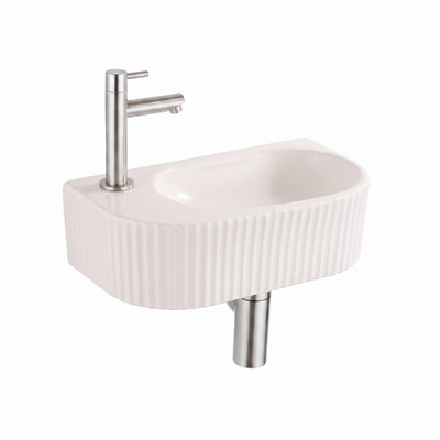 QeramiQ Fuente Fontein - 40x22x12cm - ribbel - halfrond - fonteinkraangat links - keramiek - fonteinkraan geborsteld RVS - verlaagd sifon - afvoerplug - linnen