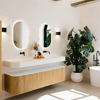 MONDIAZ THOR 180cm badmeubel ronding links + rechts kleur Oak met 2 lades en 2 deuren. Vrijhangende wastafel CLOUD Dubbel zonder kraangat kleur Talc.