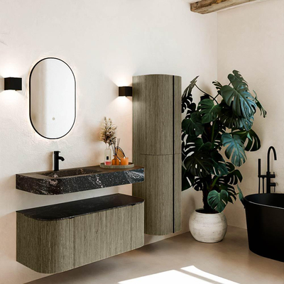 MONDIAZ THOR-DLUX 110cm meuble de salle de bains arrondi gauche + droite couleur Shadow avec 1 tiroir et 2 portes. Vasque suspendue CLOUD Gauche 1 trou de robinet couleur Lava.