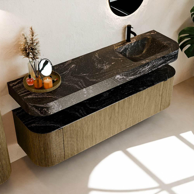 MONDIAZ THOR-DLUX 170cm meuble de salle de bains arrondi gauche + droite couleur Dusk avec 1 tiroir et 2 portes. Vasque suspendue CLOUD Droite 1 trou de robinet couleur Lava.