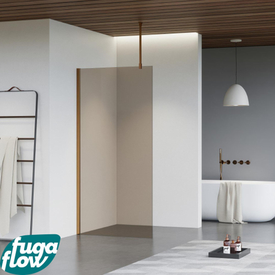 FugaFlow Eccelente Vetro inloopdouche badkamer - 40x200cm - rookglas - plafondarm - geborsteld koper