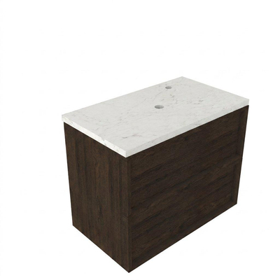 Saniclass Holz Frame Ensemble meuble de salle de bains - 80x45x63cm - Plan vasque en marbre Dia poli (blanc) - 1 trou de robinetterie - 2 tiroirs - chêne charcoal mat (bois)