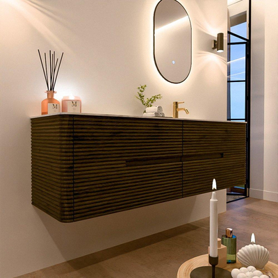 Mondiaz CIRO-DLUX Ensemble de meubles de salle de bains - 160x45x50cm - Vasque en solid surface Opalo - 1 lavabo à droite - 1 trou de robinet - 4 tiroirs - Shadow