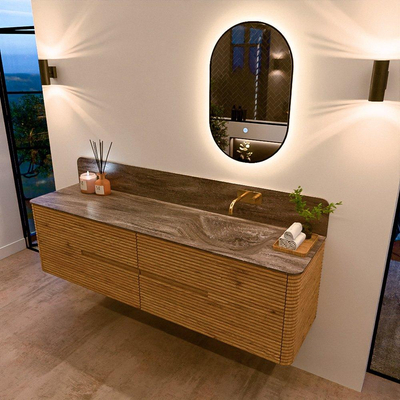 Mondiaz CIRO-DLUX Badkamermeubelset - 180x45x50cm - Solid surface wastafel Oza - 1 wasbak Rechts - zonder kraangaten - 4 lades - Oak