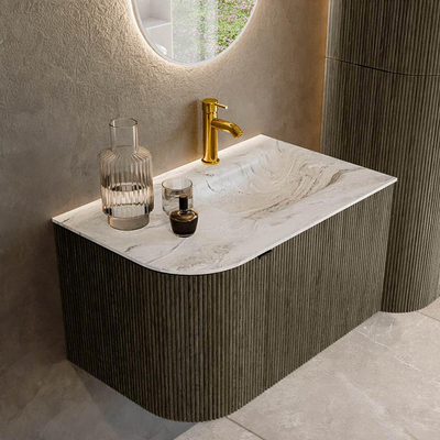 Mondiaz KURVE-DLUX Badkamermeubelset - 75x46x40cm - 1 lade - 1 deur - wastafel solid surface - rechts - 1 kraangat - Shadow