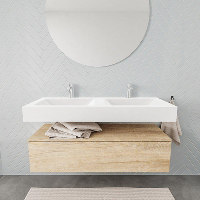 MONDIAZ ALAN 120cm - meuble bas - chêne lavé - 1 tiroir - lavabo suspendu - 2 vasques - 2 trous de robinet - talc
