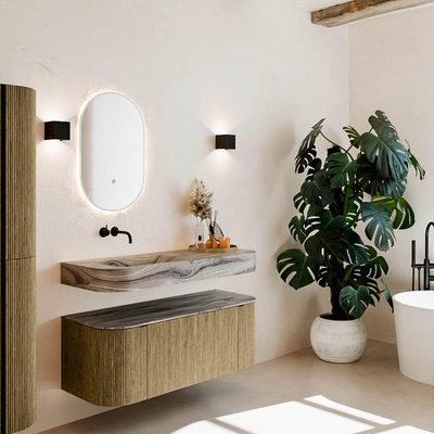 MONDIAZ THOR-DLUX 120cm meuble de salle de bains arrondi gauche + droite couleur Dusk avec 1 tiroir et 2 portes. Vasque suspendue CLOUD Gauche sans trou de robinet couleur Sombra.