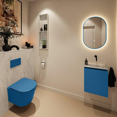 MONDIAZ TURE-DLUX Meuble toilette - 40cm - Jeans - EDEN - vasque Opalo - position droite - sans trou de robinet