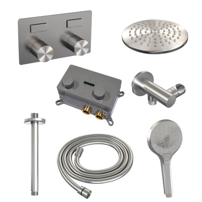 BRAUER Brushed Carving Douche de pluie thermostatique encastrée - boutons-poussoirs - SET 59 - pomme de douche 20cm - bras de plafond - douchette 3 jets - flexible de douche - coude de raccordement mural - inox brossé PVD