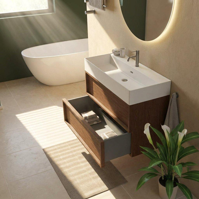 Saniclass Holz Frame Ensemble de meubles de salle de bains - 100x45x72cm - Legend lavabo en céramique blanc mat - 1 vasque - 1 trou de robinet - 2 tiroirs - noyer pur mat (bois)