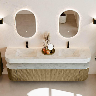 MONDIAZ THOR-DLUX 200cm meuble de salle de bains arrondi gauche + droite couleur Dusk avec 2 tiroirs et 2 portes. Vasque suspendue CLOUD Double 2 trous de robinet couleur Opalo.