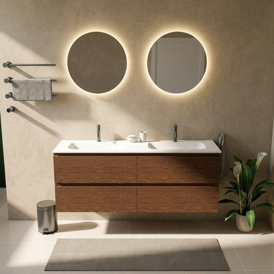 Saniclass Holz Pure Ensemble de meubles de salle de bains - 160x45x61.5cm - Flow vasque en Solid Surface blanc - 2 vasques - 2 trous de robinet - 4 tiroirs - mat walnut pure (bois)