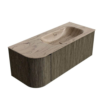 MONDIAZ KURVE-DLUX Meuble de salle de bains 115cm arrondi à gauche couleur Shadow avec 1 tiroir et 1 porte. Lavabo BIG SMALL à droite sans trou de robinet Arena.