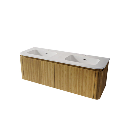 Royal Plaza Terra Ensemble meuble de salle de bains - 140x47x46cm - vasque en céramique blanc brillant - 2 vasques - 2 trous de robinet - 4 tiroirs - sandwood (chêne clair)
