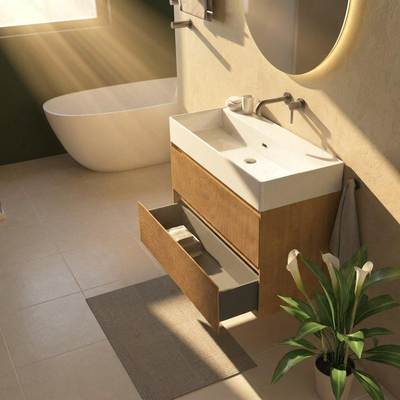 Saniclass Holz Atelier Ensemble meuble de salle de bains - 100x45x72cm - Legend lavabo en céramique blanc - 1 vasque - sans trou de robinet - 2 tiroirs - chêne natural mat (bois)
