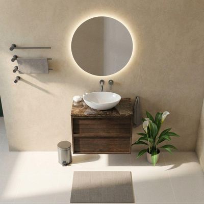 Saniclass Holz Frame Ensemble de meuble de salle de bains - 80x45x63cm - Plan de travail en pierre naturelle Noche dark emperador - sans trou de robinet - 2 tiroirs - chêne charcoal mat (bois)