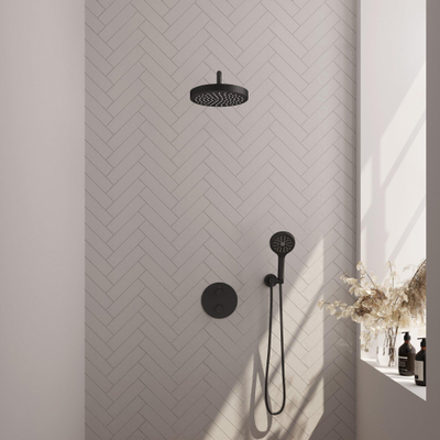 BRAUER Stripe Douche de tête thermostatique encastrée - 3 voies - ronde - SET 41 - pomme de douche 25cm - bras mural courbé - douchette 3 positions - flexible de douche - coude mural - noir mat