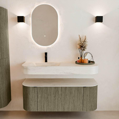 MONDIAZ THOR-DLUX 120cm meuble de salle de bains arrondi gauche + droite couleur Shadow avec 1 tiroir et 2 portes. Vasque suspendue CLOUD gauche 1 trou de robinet couleur Meli.