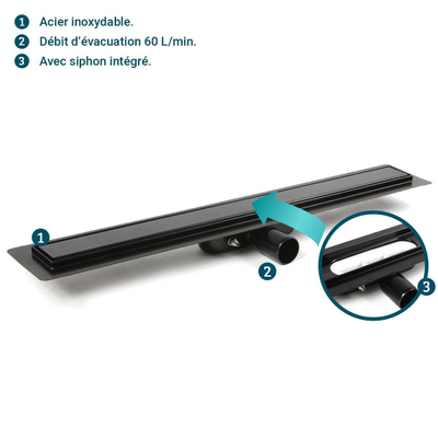 Aco ShowerDrain C caniveau de douche acier inoxydable avec bride de plancher avec grille massive, 70mm de large, garde d'odeur 30mm 685mm profondeur d'encastrement 65mm avec sortie latérale noir signal