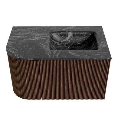 MONDIAZ KURVE-DLUX 75cm badmeubel met module 25 L kleur Walnut met 1 lade en 1 deur. Wastafel GRUNNE rechts zonder kraangat kleur Lava.
