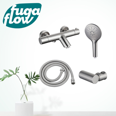 FugaFlow Eccelente Sobrado Robinet de baignoire thermostatique avec douchette ronde, support et flexible métal Inox brossé PVD