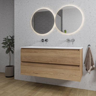 Saniclass Chaci Ensemble meuble de salle de bains - 120x46x55cm - lavabo en céramique blanc - 2 vasques - sans trous de robinet - 2 tiroirs - chêne