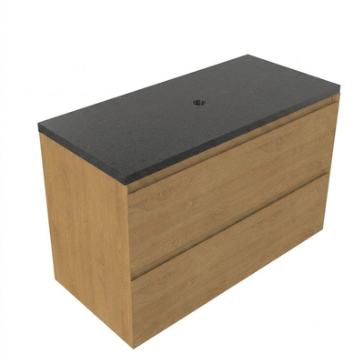 Saniclass Holz Pure Ensemble meuble de salle de bains - 100x45x63cm - plan vasque en basalte Noche poli (noir) - sans trou de robinet - 2 tiroirs - chêne natural mat (bois)
