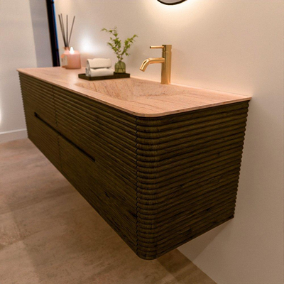 Mondiaz CIRO-DLUX Badkamermeubelset - 160x45x50cm - Solid surface wastafel Saba - 1 wasbak Rechts - 1 kraangat - 4 lades - Shadow