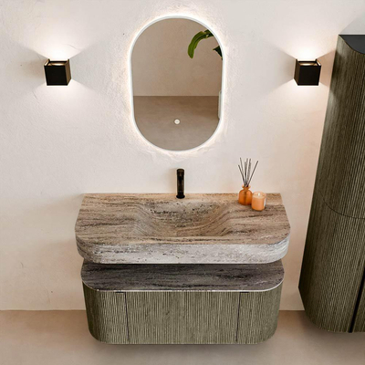 MONDIAZ THOR-DLUX Meuble de salle de bains 110cm arrondi gauche + droite couleur Shadow avec 1 tiroir et 2 portes. Vasque suspendue CLOUD Milieu 1 trou de robinet couleur Oza.