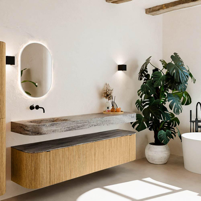 MONDIAZ THOR-DLUX Meuble de salle de bains 190cm arrondi gauche + droite couleur Oak avec 2 tiroirs et 2 portes. Vasque suspendue CLOUD Gauche sans trou de robinet couleur Oza.